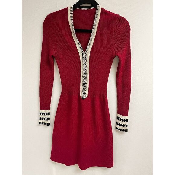 Vintage Womens Long Sleeve Embellished Stones Ribbed Stretch Skater Dress Red - Picture 1 of 10